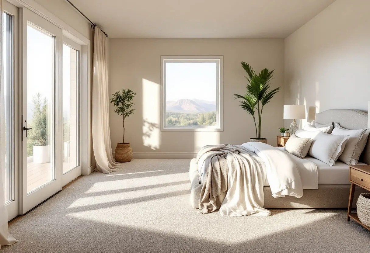 Sunlit bedroom with soft light greige wall-to-wall carpet, a neatly made bed and a window looking out to desert mountains.