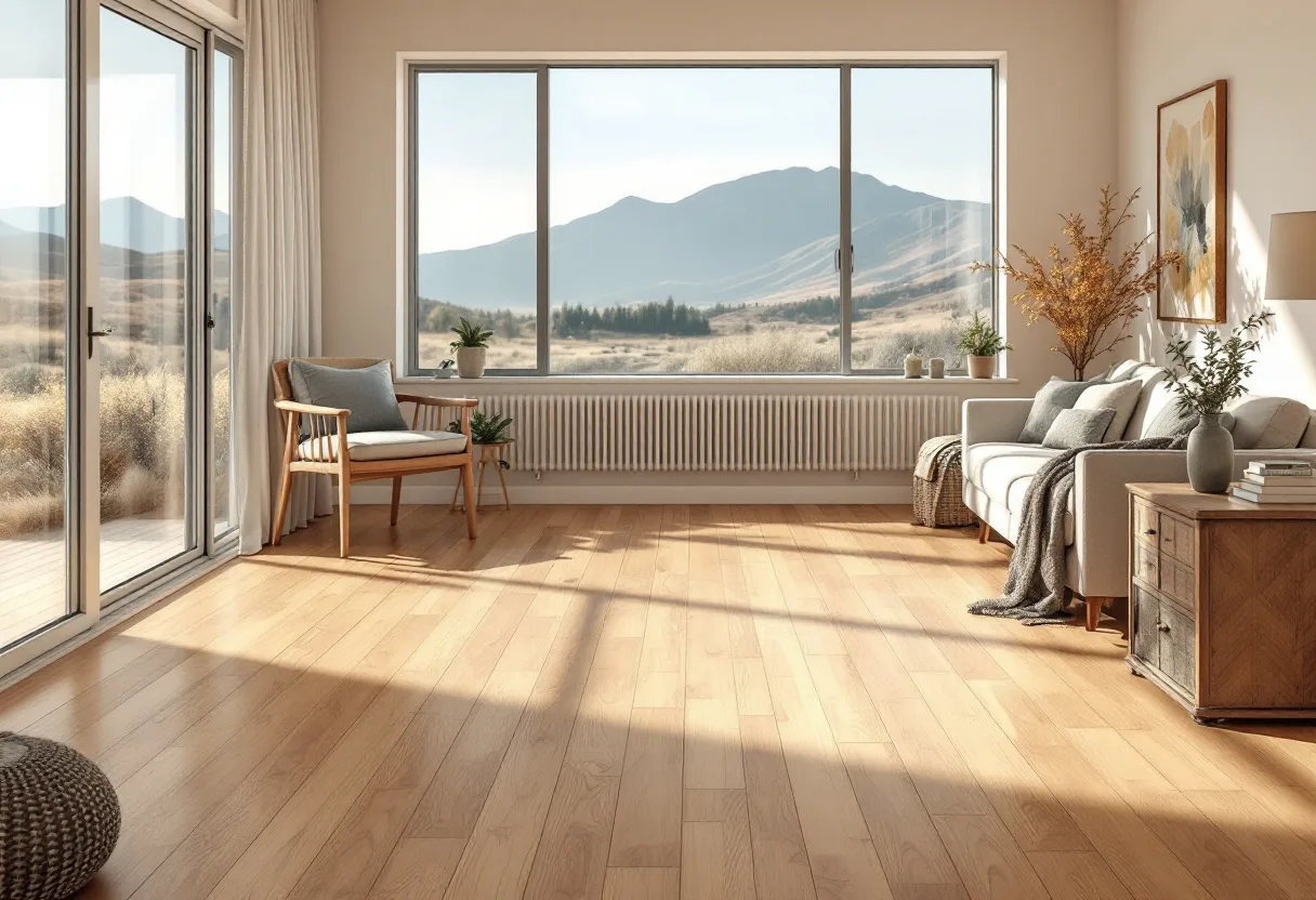 Sunlit living room with wide-plank oak hardwood flooring and a large window looking out to high-desert mountains.
