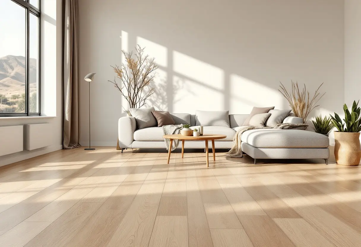 Sunlit living room with wide-plank light oak laminate flooring, a light grey sectional sofa and a window looking out to desert hills.