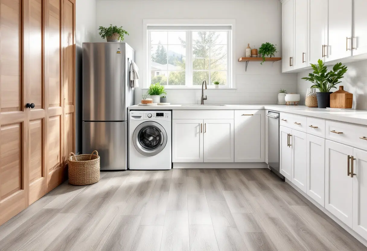 Bright laundry room and kitchen corner with continuous gray wood-look vinyl flooring, a washer, a fridge and white cabinets.