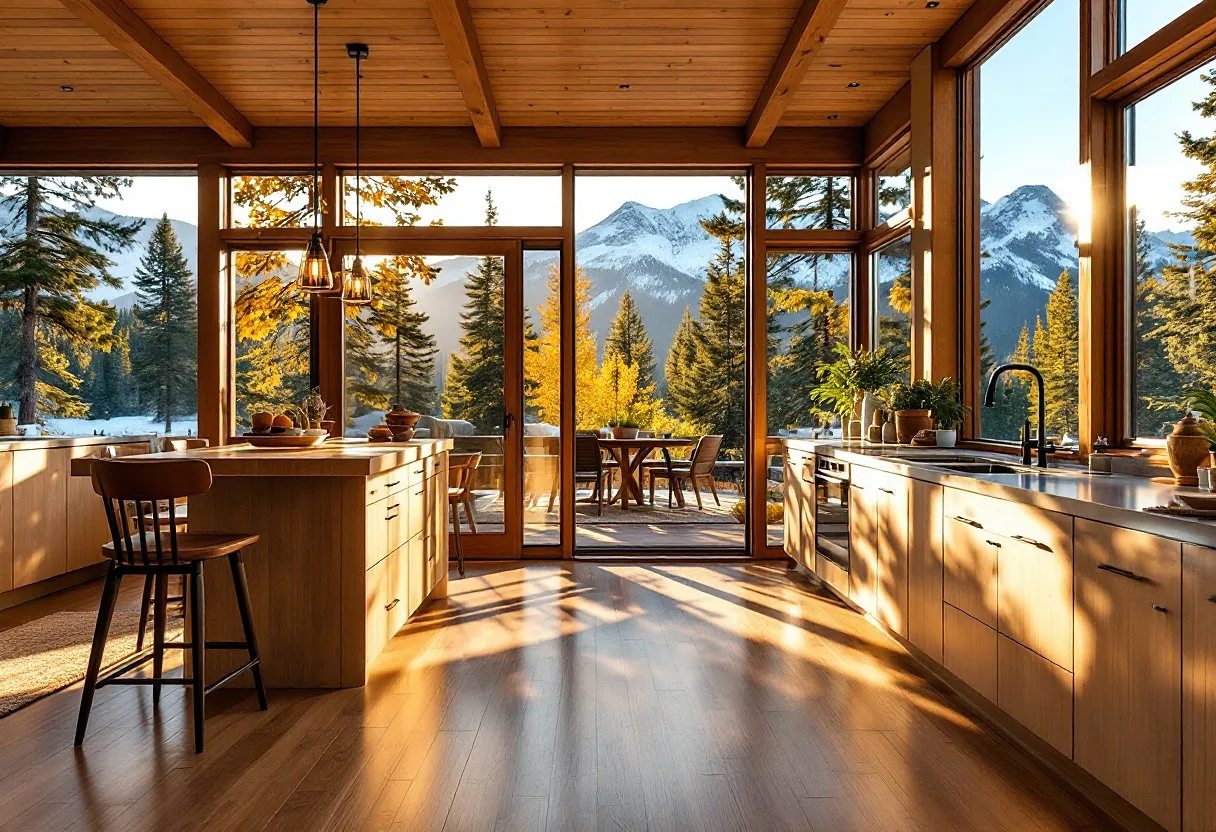 Golden-hour Lake Tahoe mountain home interior with warm honey-oak hardwood floors and windows framing pines and snow-capped Sierra Nevada peaks.