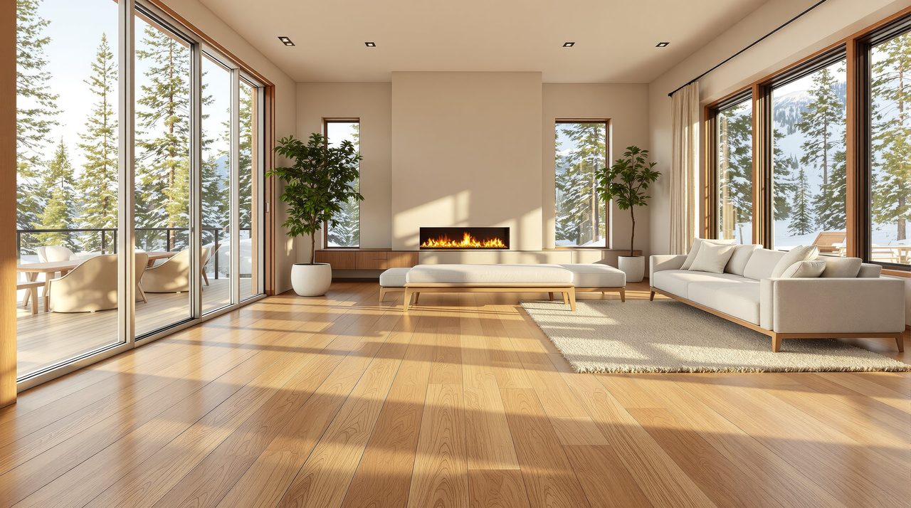 Bright Northern Nevada mountain-modern living room with wide-plank warm honey-oak hardwood floors, a linear fireplace, and floor-to-ceiling windows framing snow-dusted Sierra Nevada mountains.