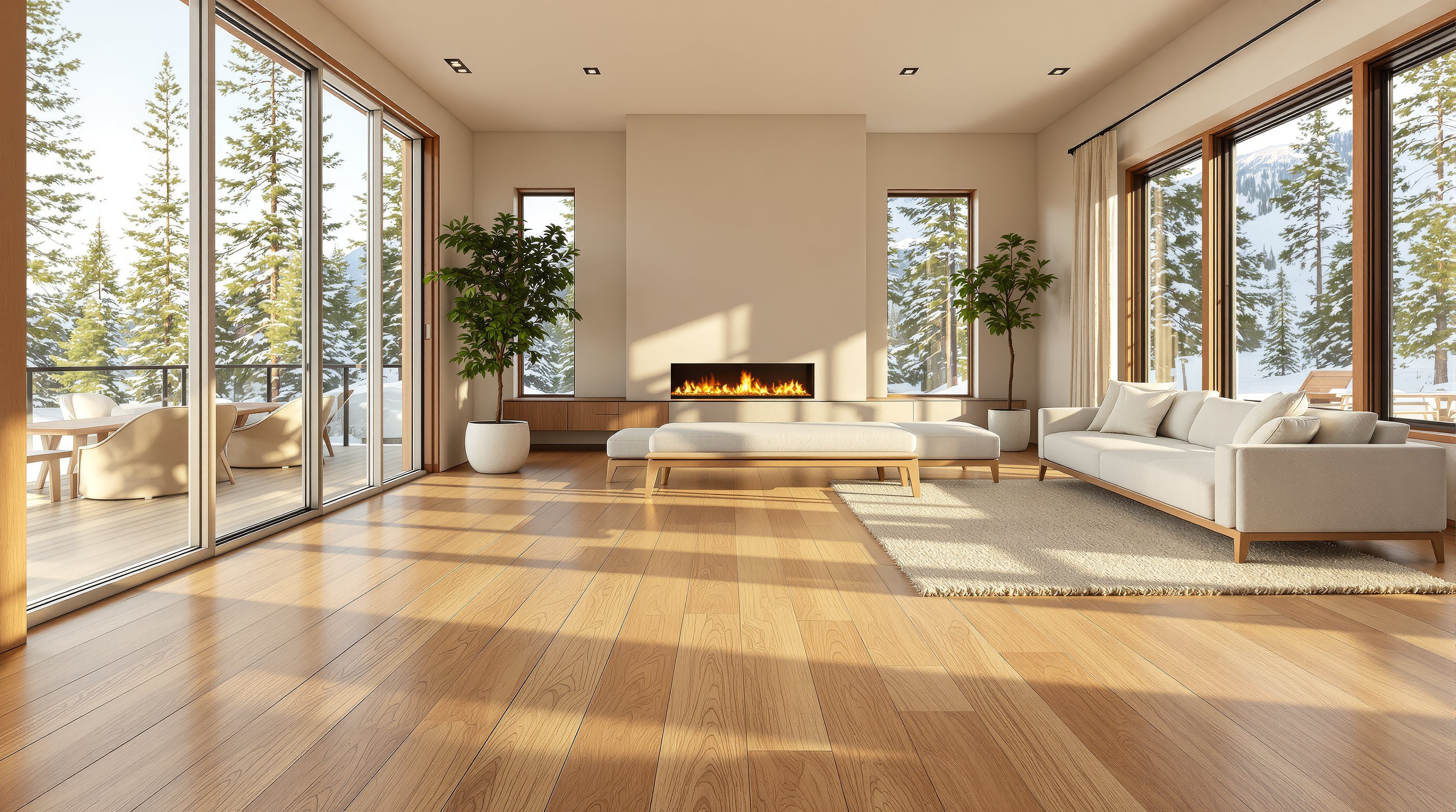 Bright living room with wood-look flooring framed by the Sierra Nevada foothills visible through the windows.