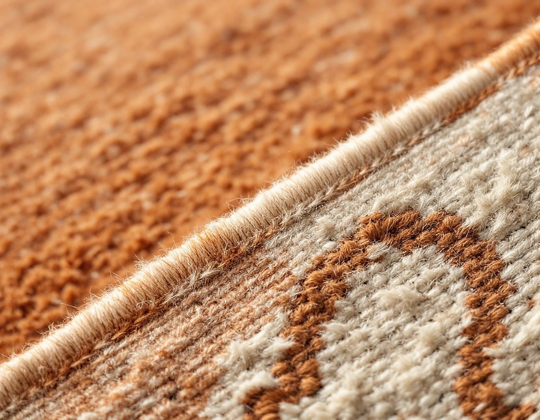 Close-up of a custom area rug's bound edge in warm cream and terracotta-amber wool.