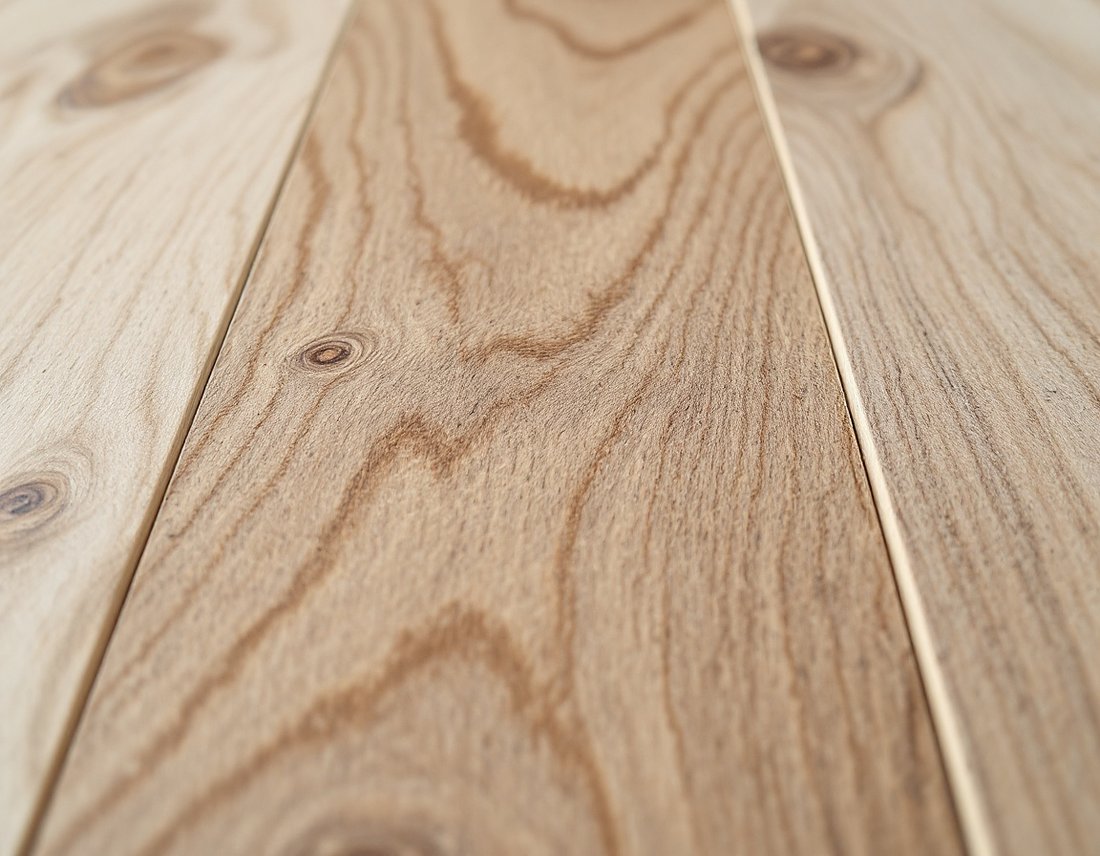 Close-up of medium-brown oak wood-look laminate flooring planks with crisp grain detail and a bevelled seam.