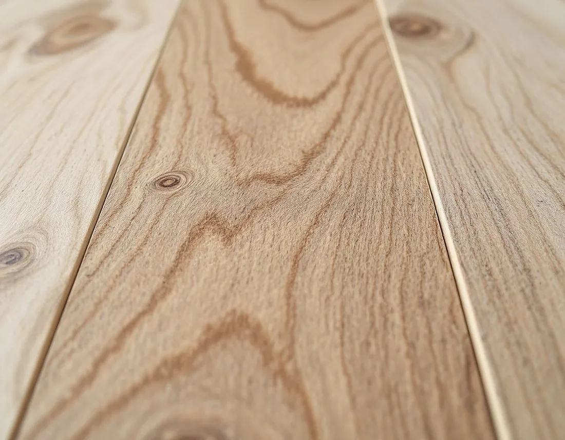 Close-up of medium-brown oak wood-look laminate flooring planks with crisp grain detail and a bevelled seam.