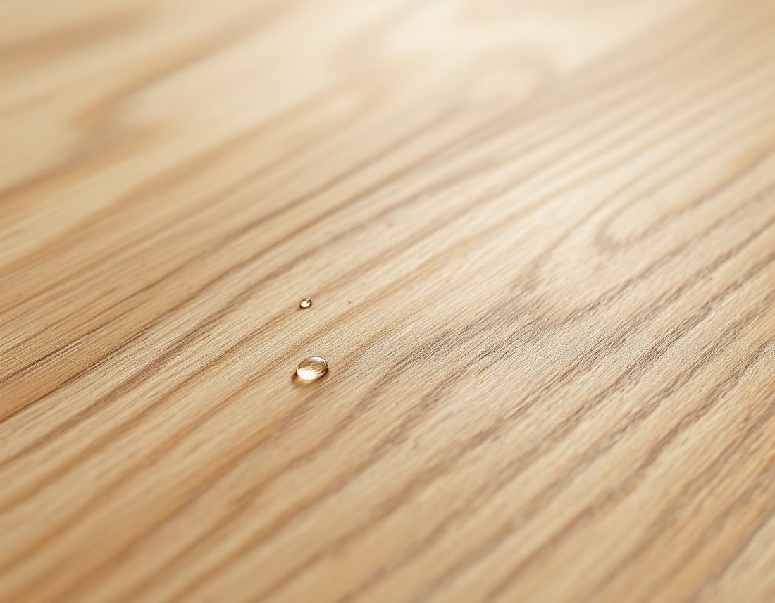 Close-up of waterproof luxury vinyl plank flooring in a warm oak wood-look finish with a water droplet beading on the surface.