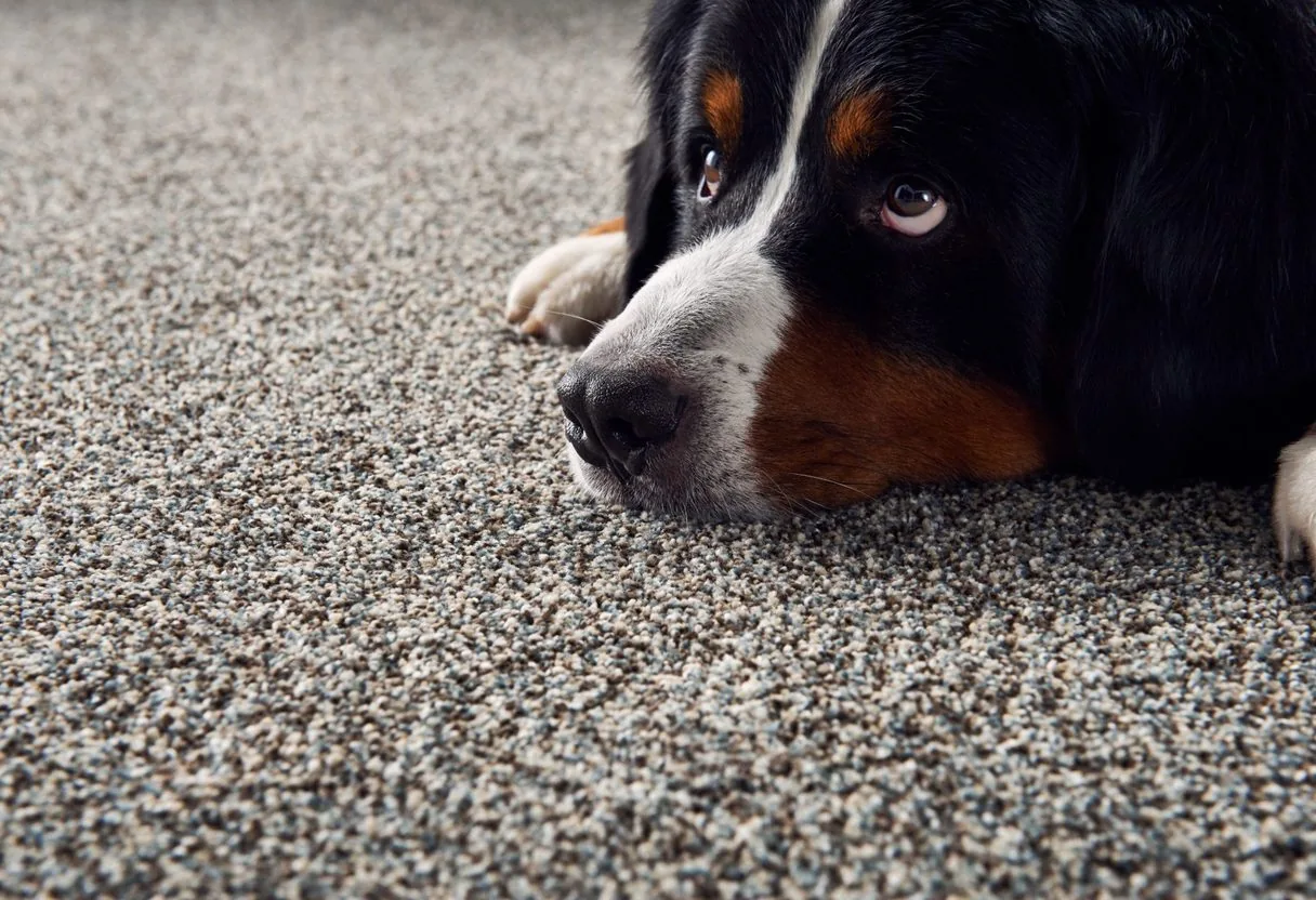 Bernese mountain dog resting on soft flecked beige and grey cut-pile carpet.